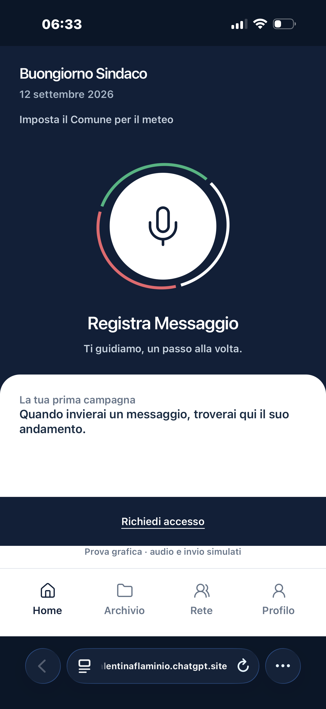 Schermata reale del prototipo: Registra il messaggio
