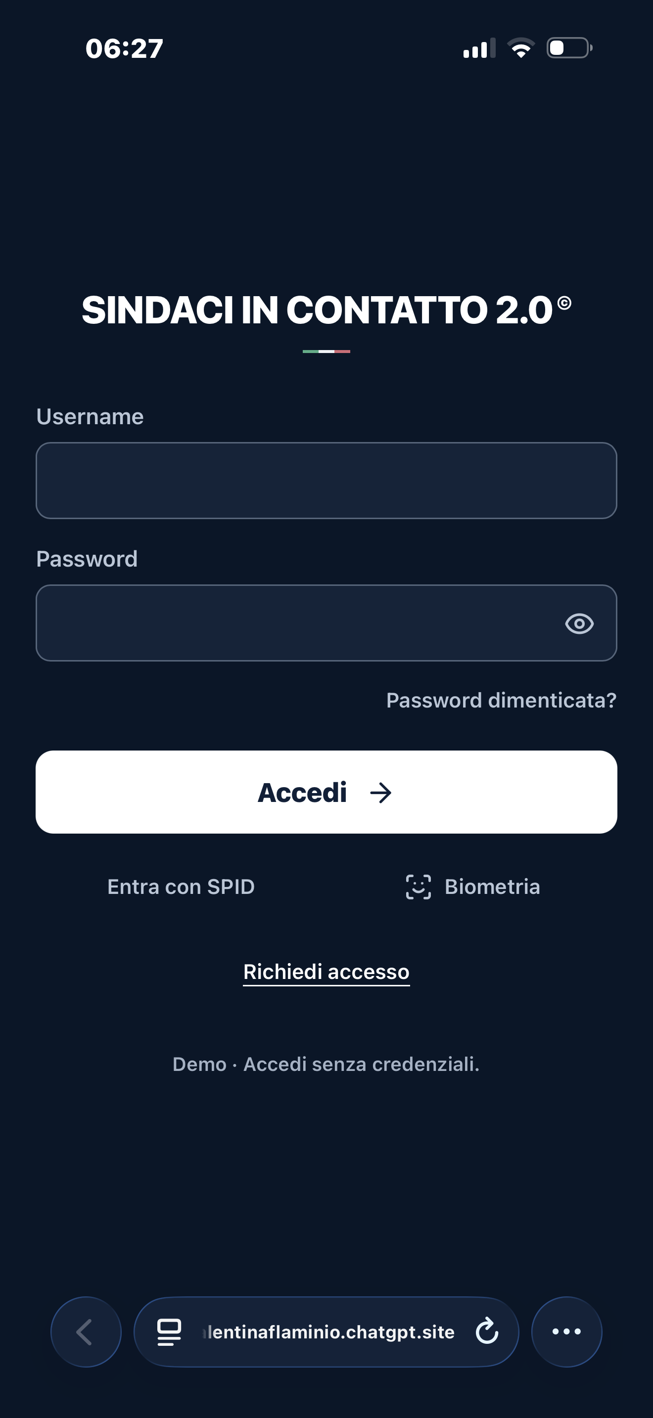 Schermata reale del prototipo: L’accesso